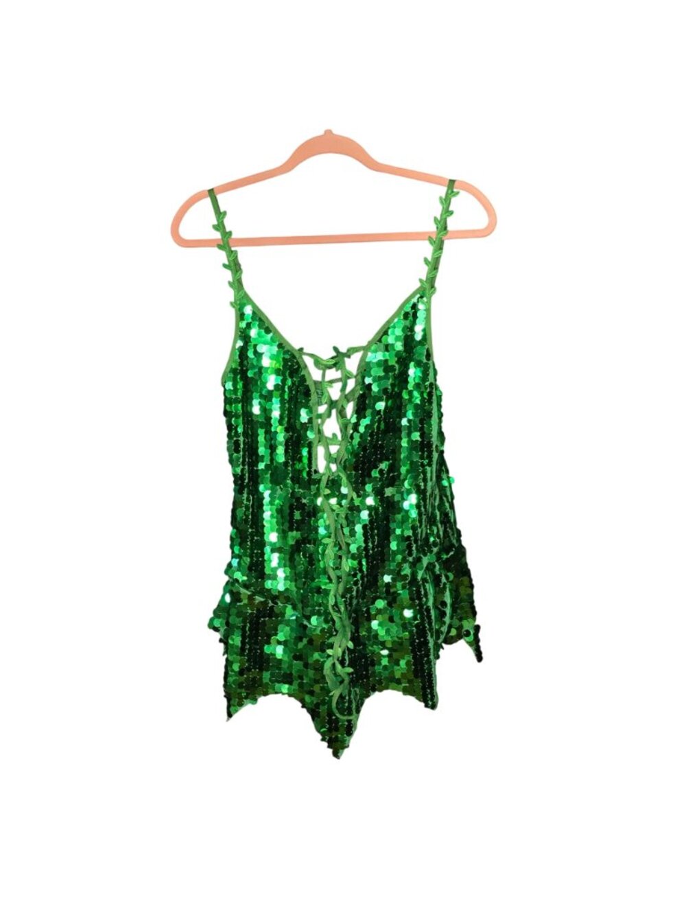 Tipsy Elves Green Sequin Ivy Costume Medium Lace Up Leaf Romper Fairy - Picture 14 of 14